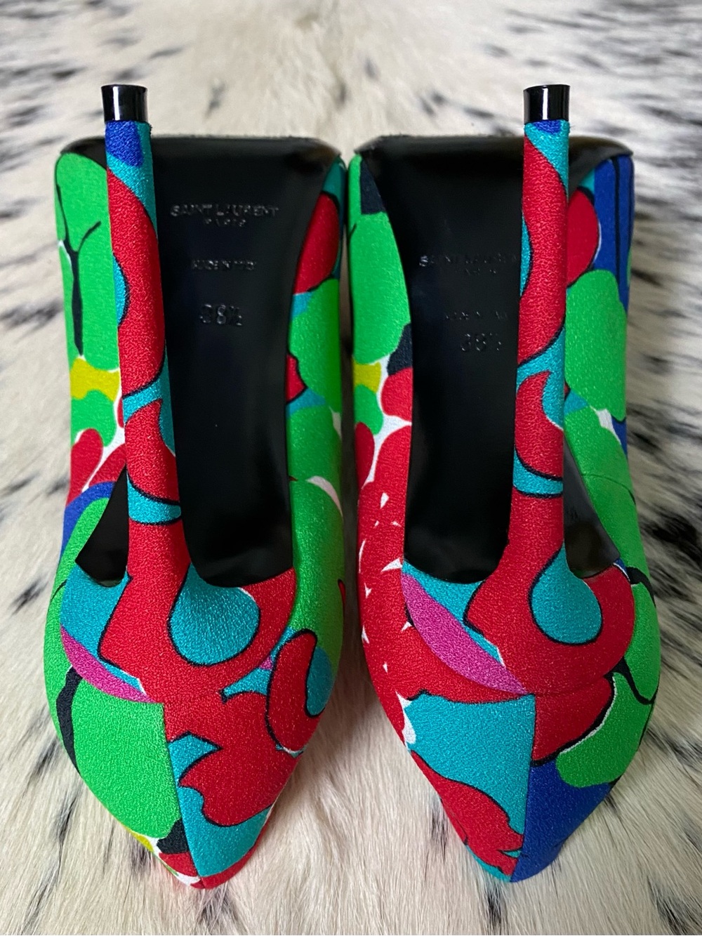 SAINT LAURENT 105MM ZOE “IBIZA”FLORAL HEELS, SZ 38.5 US/8-8.5 - Picture 7 of 11